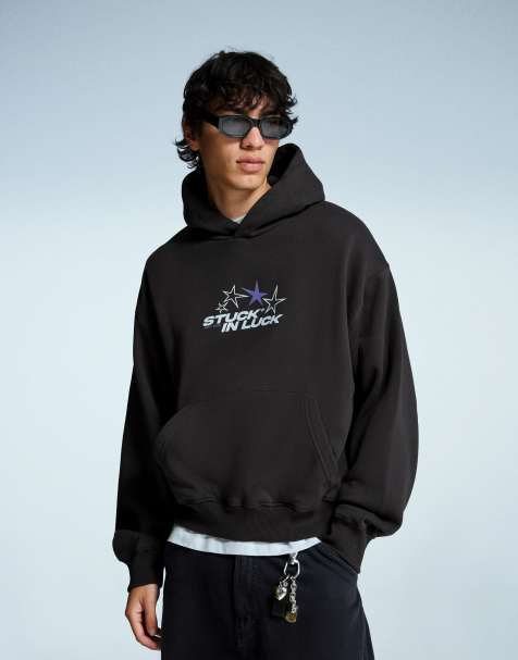 Bershka - Felpa con cappuccio grigia squadrata con stampa - view 1