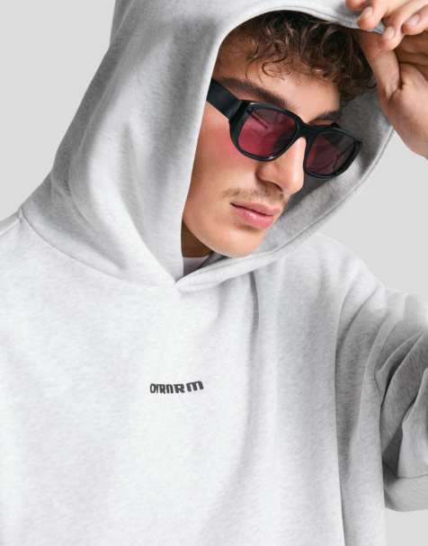 Bershka - Felpa con cappuccio grigio chiaro squadrata con stampa - view 1