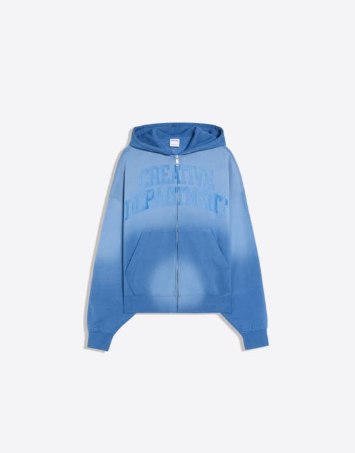 Bershka felpa con cappuccio lavata con stampa e chiusura con zip in blu, 5 di 5