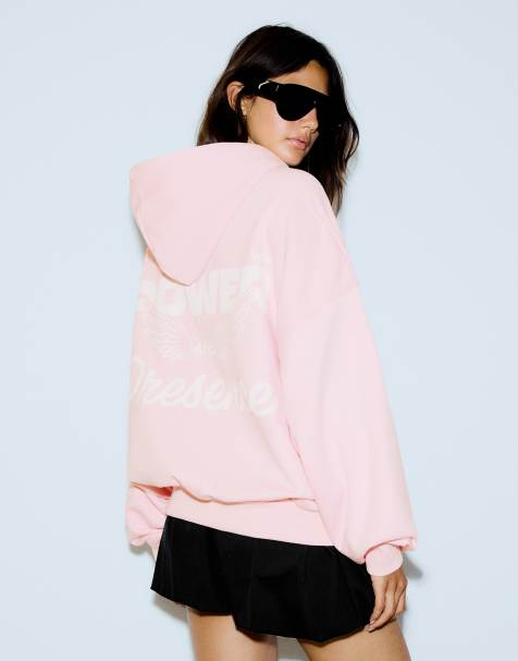 Bershka felpa con cappuccio oversize con stampa rosa - view 1