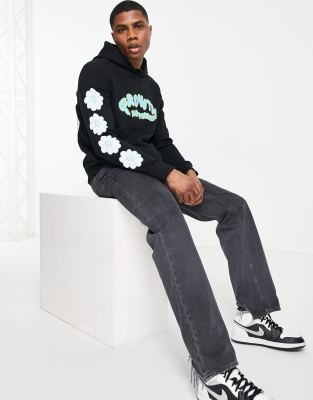 Bershka - Felpa con cappuccio oversize in nero con stampa di fiore sulla schiena