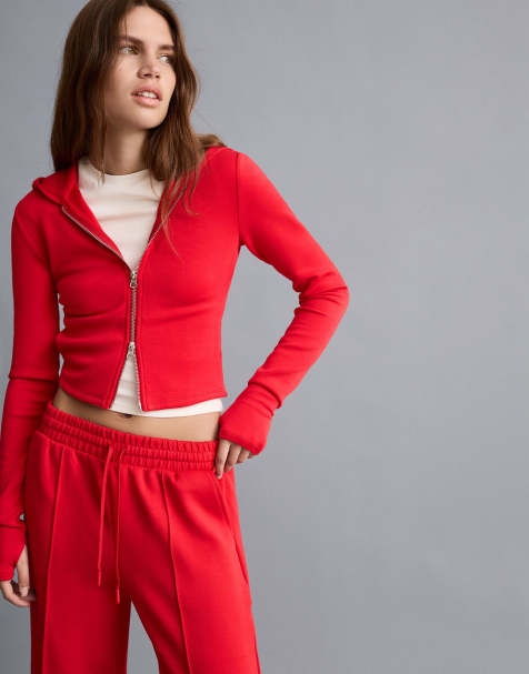 Bershka - Felpa con cappuccio rossa in misto modal con zip - view 1