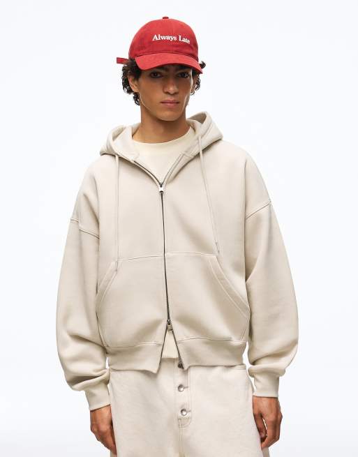 Bershka - Felpa con cappuccio squadrata color sabbia con zip, 4 di 7