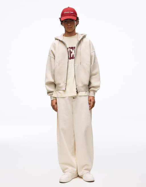 Bershka - Felpa con cappuccio squadrata color sabbia con zip, 6 di 7