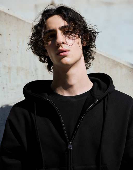 Bershka - Felpa con cappuccio squadrata nera con zip, 3 di 7