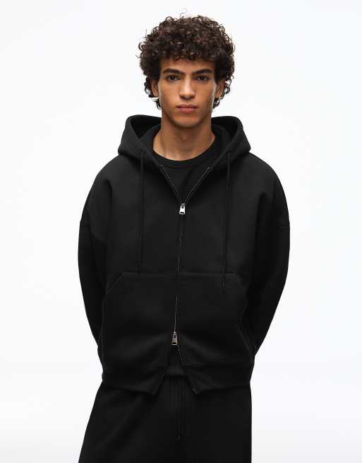 Bershka - Felpa con cappuccio squadrata nera con zip, 5 di 7