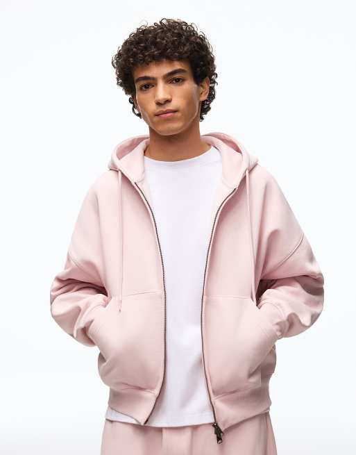 Bershka - Felpa con cappuccio squadrata rosa con zip, 4 di 7