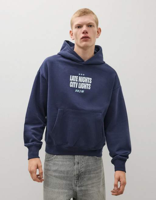 Bershka felpa con cappuccio stampata blu, 2 di 5