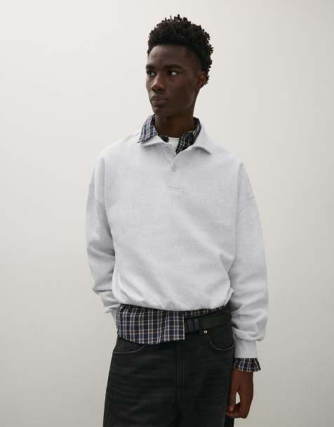 Bershka felpa con colletto polo e bottoni grigio chiaro - view 1