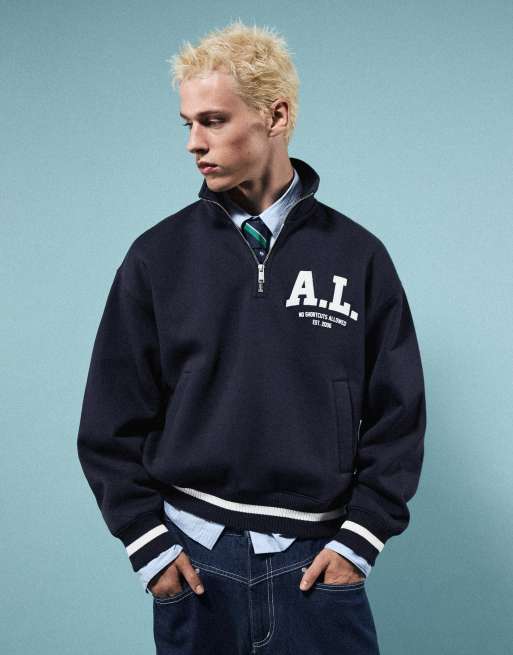 Bershka felpa con zip a mezza lunghezza e toppa blu, 2 di 6