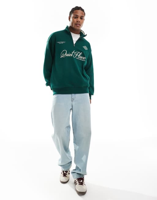 Bershka Felpa con zip corta verde con stampa