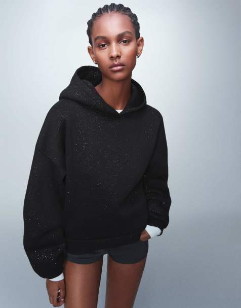 Bershka - Felpa nera glitterata con cappuccio - view 1