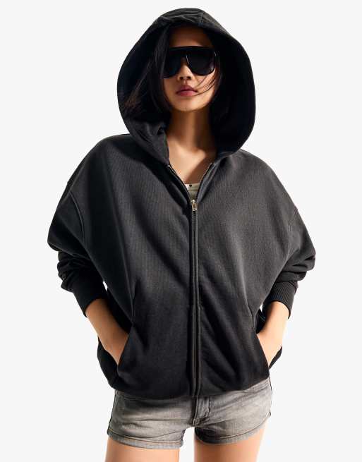 Bershka - Felpa oversize color grigio slavato con cappuccio e zip