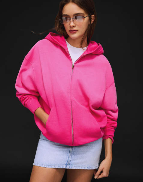 Bershka - Felpa oversize color rosa acceso con cappuccio e zip - view 1