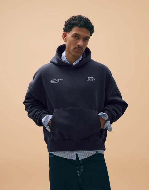 Bershka - Felpa squadrata blu denim con cappuccio ricamato - view 1