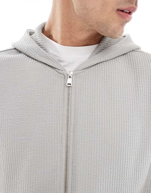 Bershka - Felpa squadrata corta in seersucker grigio chiaro con cappuccio, 3 di 4