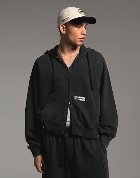 Bershka - Felpa squadrata nera con stampa e zip - view 1
