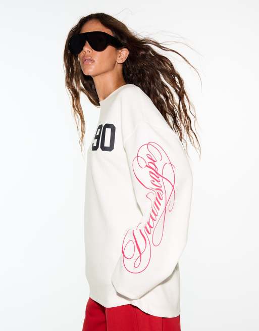 Bershka felpa stampata girocollo bianca, 2 di 5