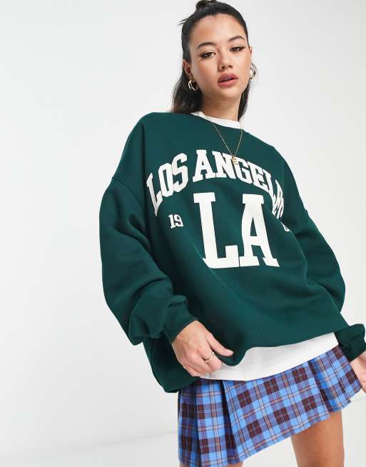Bershka - Felpa verde bosco con stampa "Los Angeles", 4 di 4