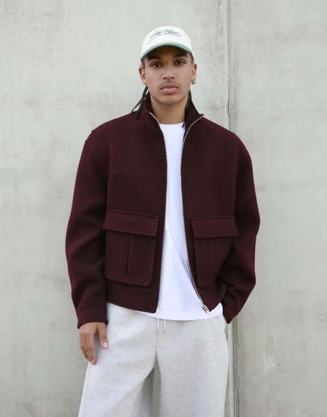 Bershka Felt texture boxy-fit jacket with zip in burgundy - view 1