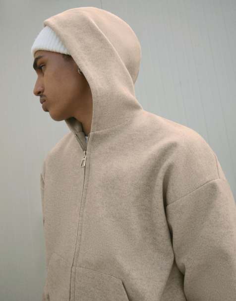 Bershka Felt texture zip-up hoodie in stone - view 1