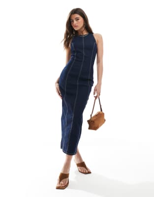 Bershka - Figurbetontes, formendes Maxi-Jeanskleid in Dunkelblau