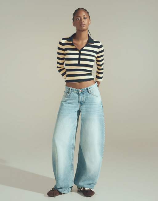 Bershka figurbetontes gestreiftes langärmliges Polohemd in Marineblau, 4 von 5