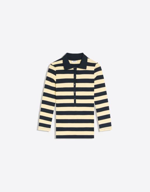 Bershka figurbetontes gestreiftes langärmliges Polohemd in Marineblau, 5 von 5