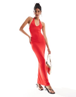 Bershka - Figurbetontes Neckholder-Maxikleid in Rot