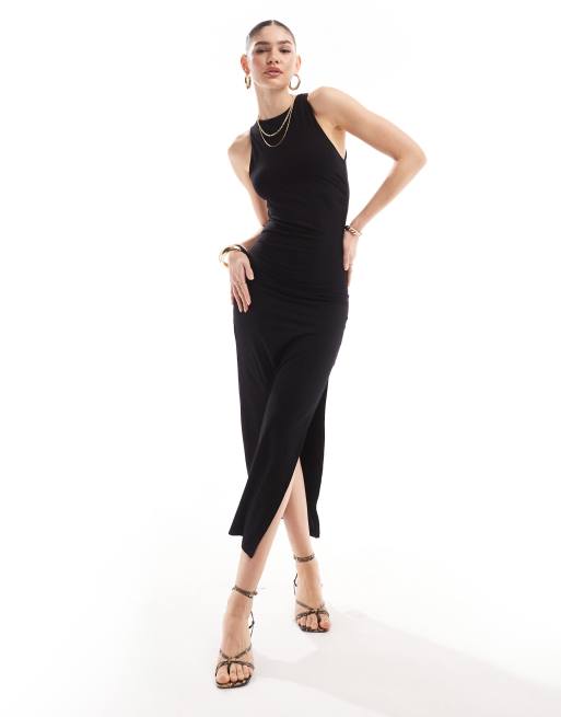 Bershka – Figurbetontes, wadenlanges Kleid in Schwarz mit Ringerrücken