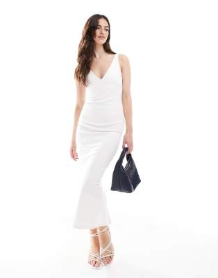 Bershka - Figurformendes Maxikleid in Wollweiß mit tiefem Ausschnitt