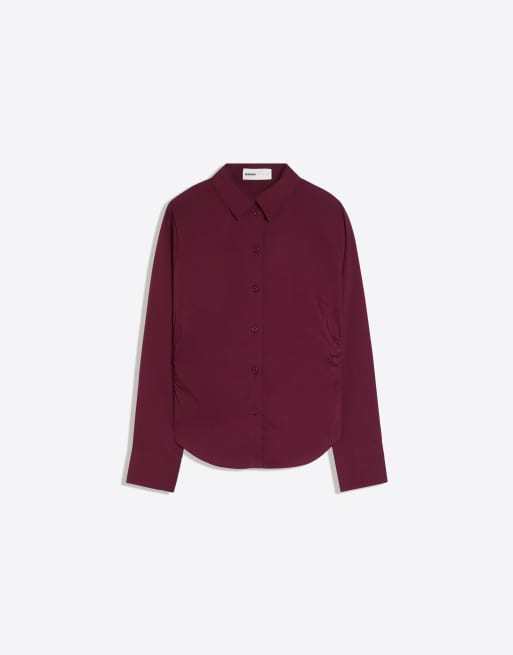Bershka figursydd långärmad skjorta i burgundy, 5 av 5