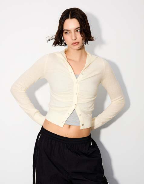 Bershka Fine hooded cardigan in ecru - view 1