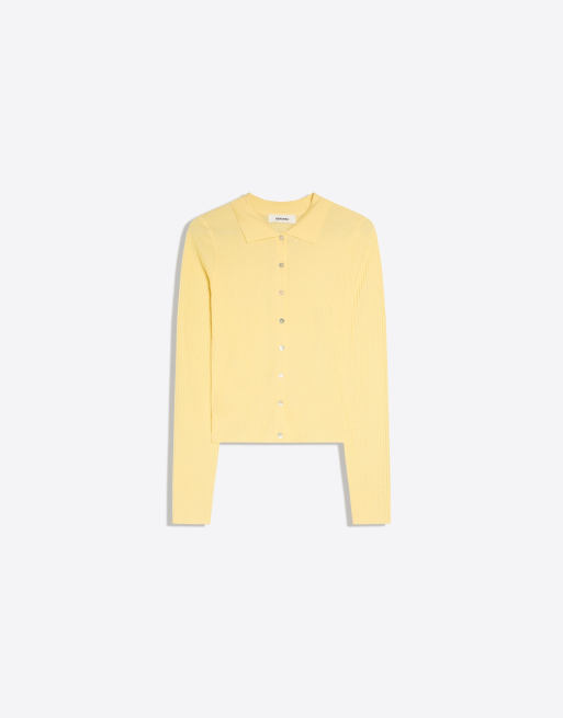 Bershka Fine knit polo collar cardigan in yellow, 5 of 5