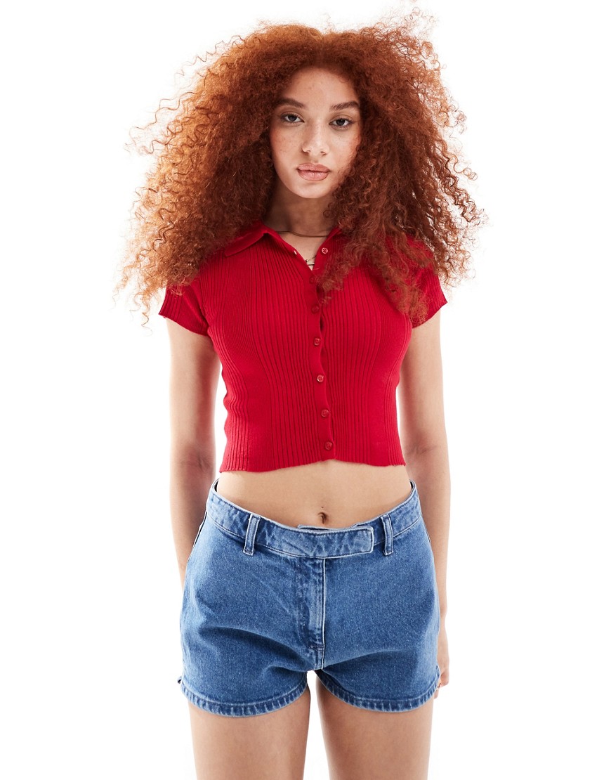 fine knit polo top in red