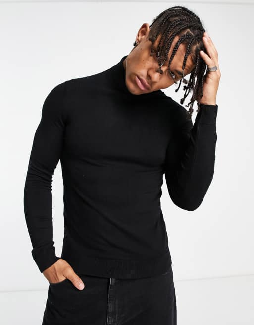 Bershka fine knit roll neck jumper in black | ASOS