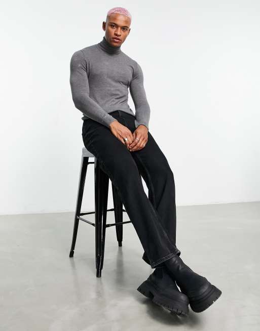 Bershka fine knit roll neck jumper in grey, 4 of 4