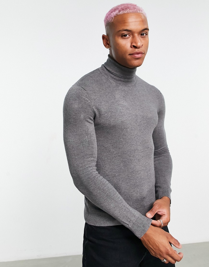 Bershka fine knit roll neck sweater in gray