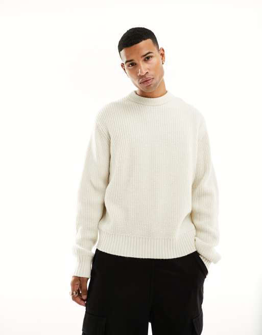 Bershka fisherman crew sweater in white