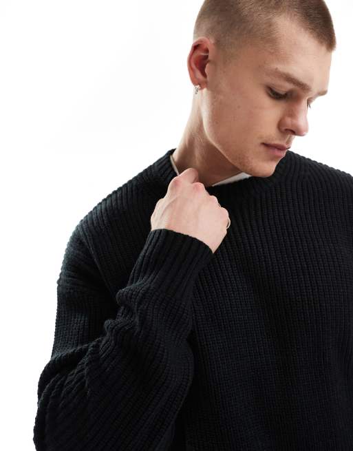 Bershka fisherman ribbed sweater in black
