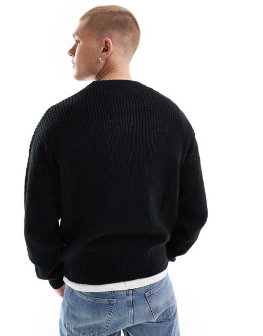 Bershka fisherman ribbed sweater in black