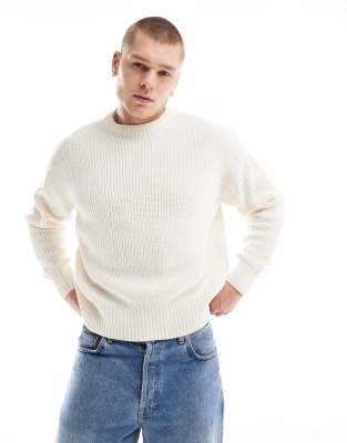 Bershka Bershka fisherman ribbed jumper in ecru-Neutral