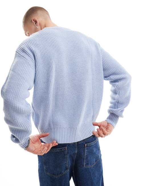 Bershka fisherman ribbed sweater in blue