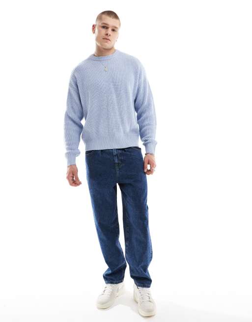 Bershka fisherman ribbed sweater in blue