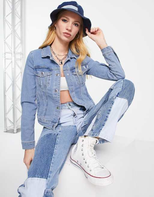 Bershka fitted denim jacket in medium blue