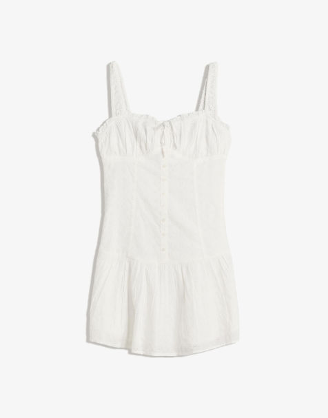 Bershka Fitted embroidered mini dress with flounce in white - view 1