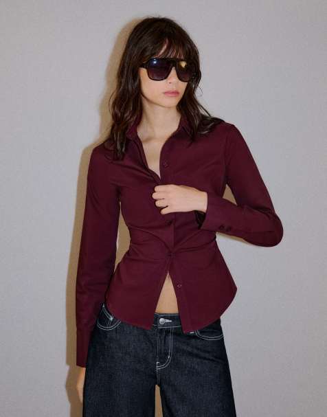 Bershka Fitted long-sleeved shirt in burgundy - view 1