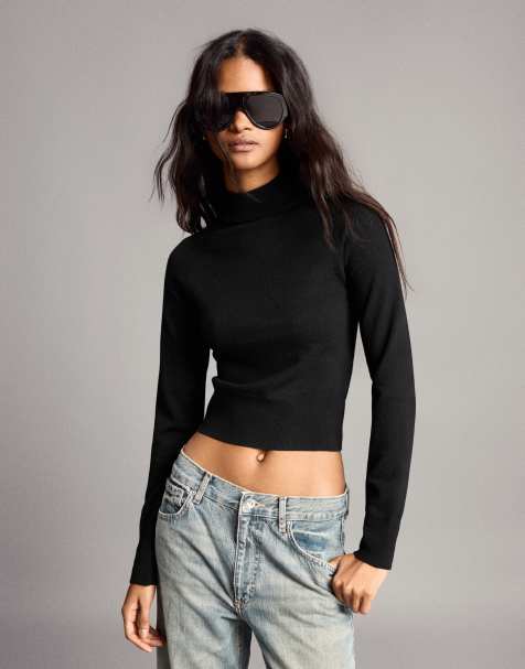 Bershka Fitted ribbed high neck jumper in black - view 1