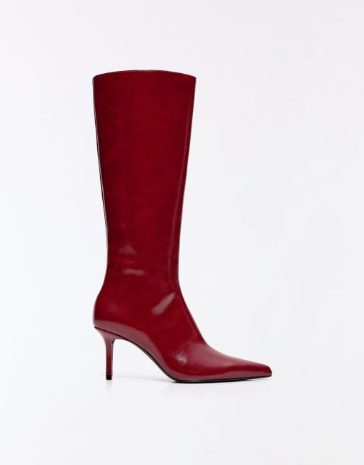 Bershka Fitted shaft heeled boots in red, 2 of 6