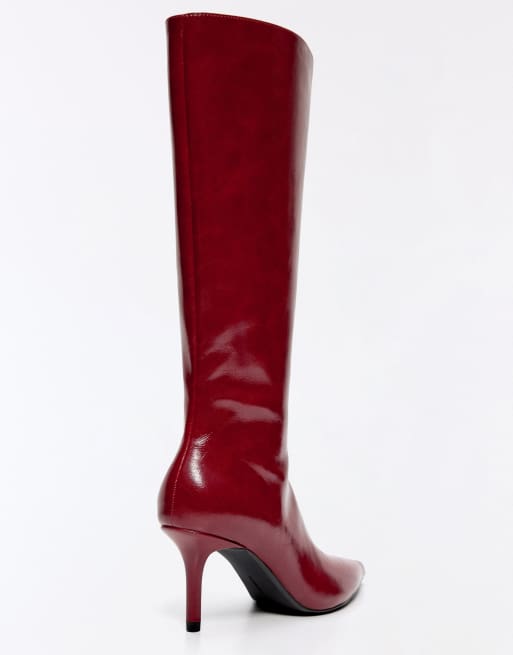 Bershka Fitted shaft heeled boots in red, 3 of 6